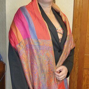 Large Woven Paisley Striped Shawl Wrap Fringe 27x80"‎ Red Orange Fuchsia — AS-IS